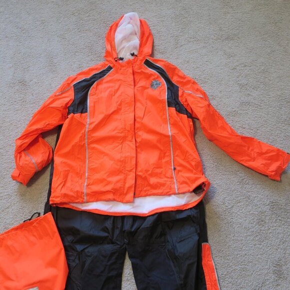 Harley-Davidson Hi-Vis Rain Suit Women's 2XL Reflective Orange Black Carry Pouch - Picture 6 of 8